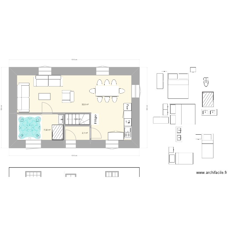 Gite 2 - esc B - RDC C. Plan de 4 pièces et 44 m2