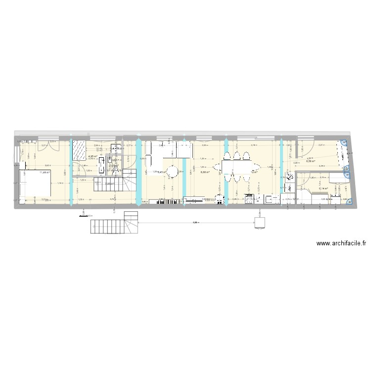 Projet7 escalier 1/4 centré. Plan de 21 pièces et 150 m2