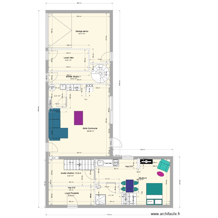 salle commune studio meublé Z3. Plan de 0 pièce et 0 m2