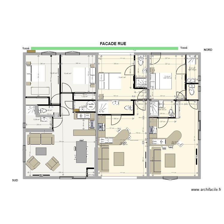 PROJET 4 Studio sup N et EST. Plan de 15 pièces et 142 m2