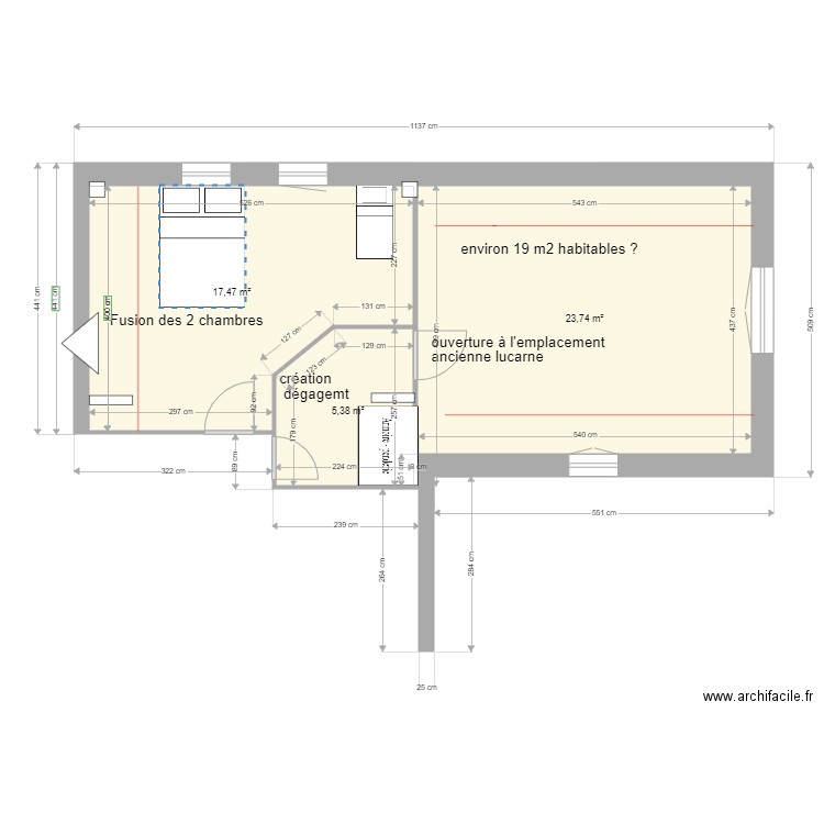 ETAGE SUD EXTENSION 5 B bureau accès séparé. Plan de 3 pièces et 47 m2