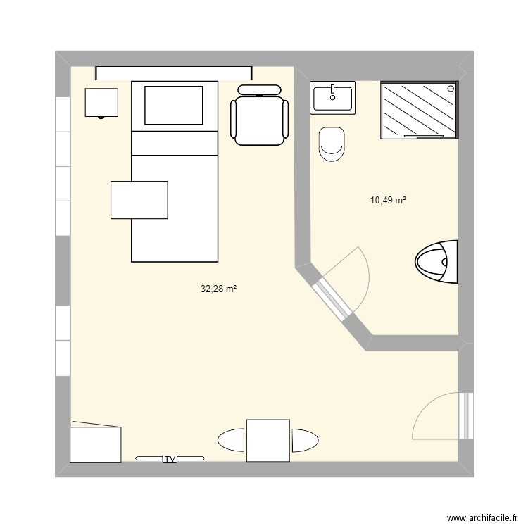 Chambre type. Plan de 2 pièces et 43 m2