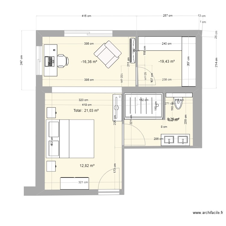 Chambre d'amis RdC extension V230312. Plan de 4 pièces et 32 m2