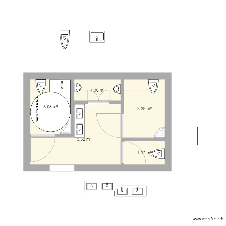 Toilettes beef and co modif v2. Plan de 5 pièces et 15 m2
