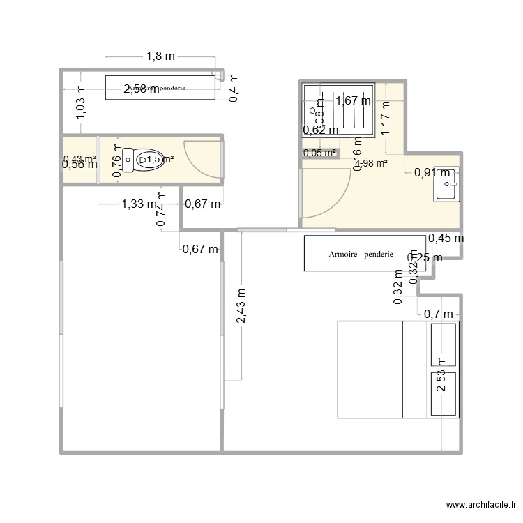 Lemaire avant travaux 2025 - après modifications. Plan de 4 pièces et 7 m2