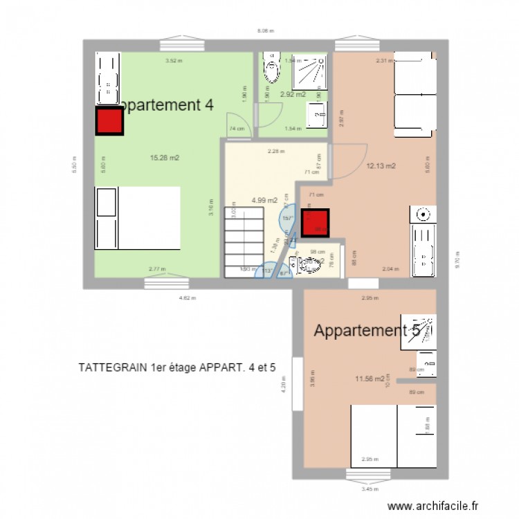 1er etage tattegrain n 4 et 5 version 1. Plan de 6 pièces et 48 m2