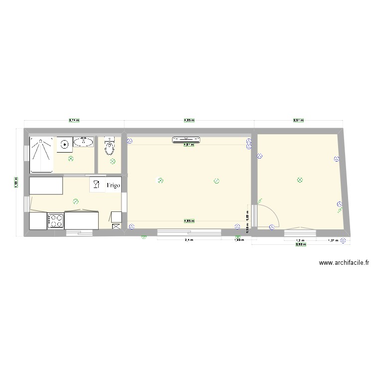 Plan modif salle deau et wc. Plan de 3 pièces et 39 m2