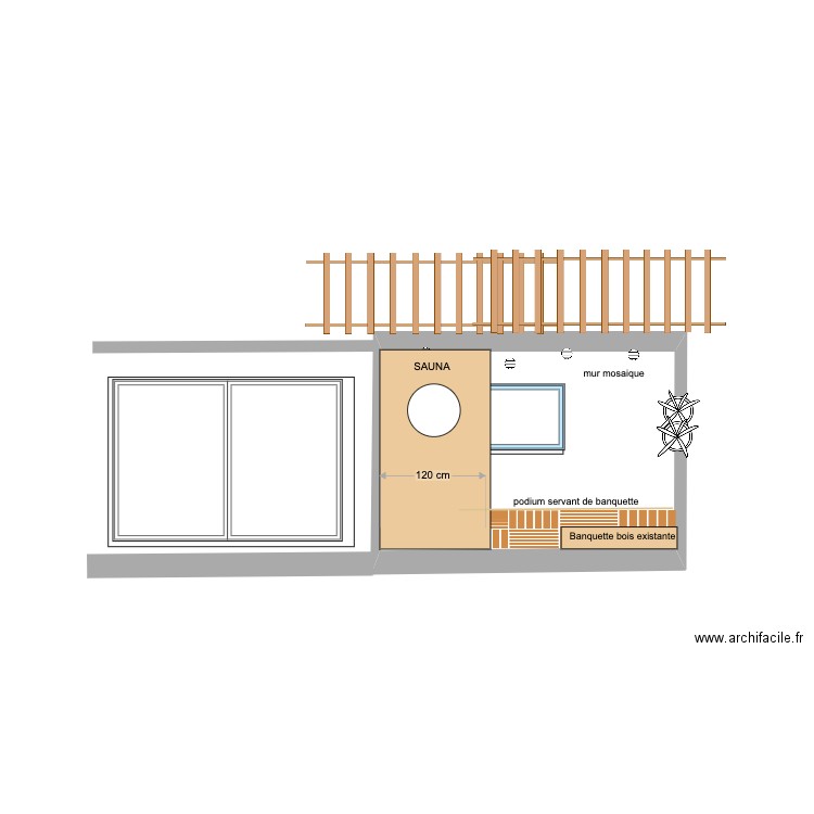 COUPE VERS SAUNA . Plan de 1 pièce et 8 m2