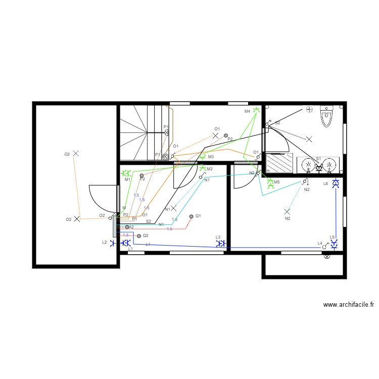 Cablage étage Floreffe. Plan de 6 pièces et 39 m2