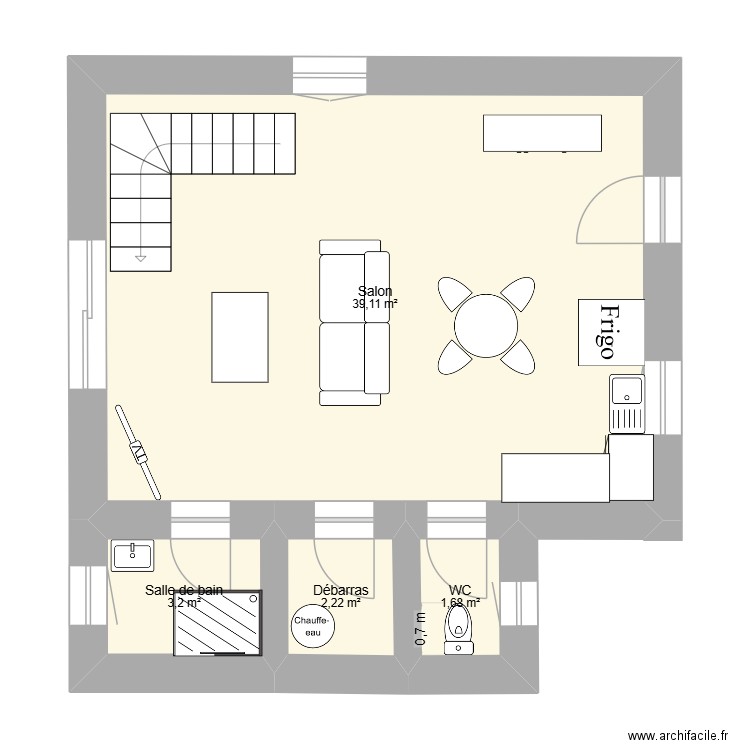 intérieur gite. Plan de 4 pièces et 46 m2