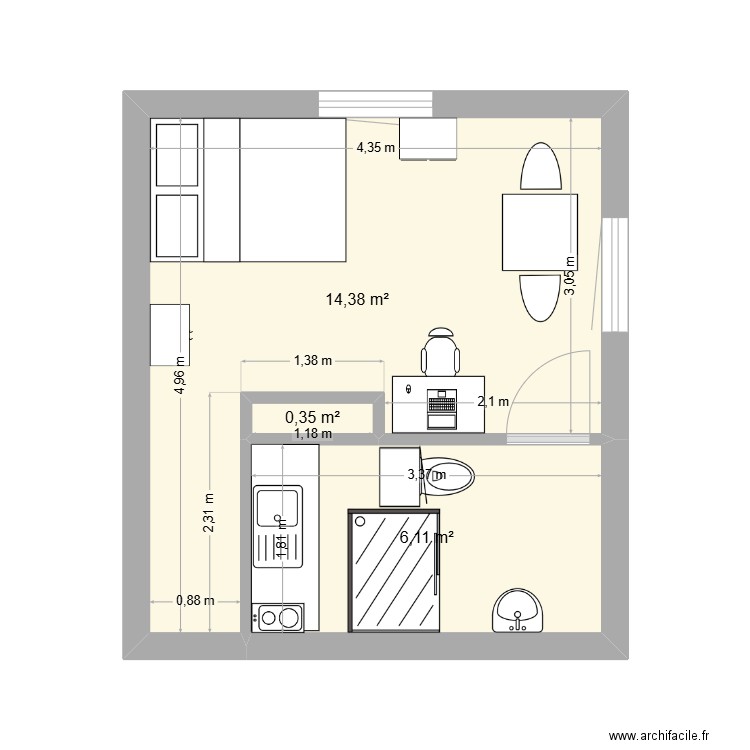 Chambre pauline. Plan de 3 pièces et 21 m2