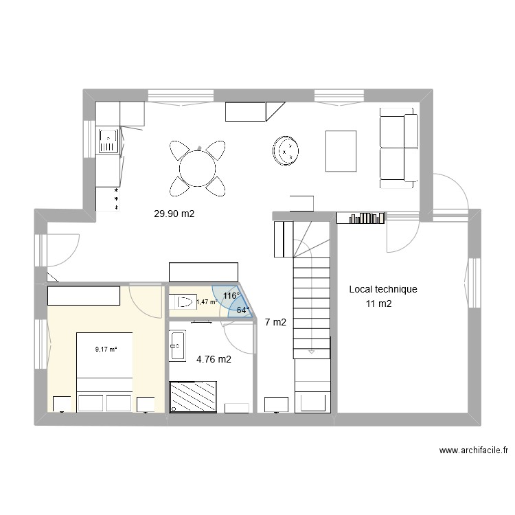 chalet sous sol. Plan de 2 pièces et 11 m2