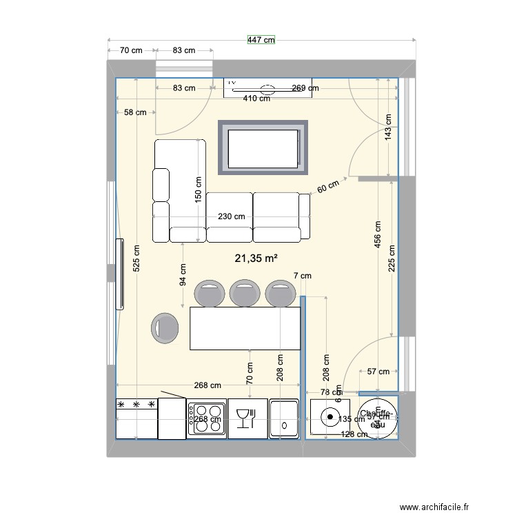 Caudéran salon . Plan de 1 pièce et 21 m2