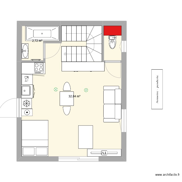 studio sous combles2. Plan de 2 pièces et 35 m2