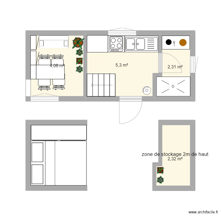 tiny. Plan de 4 pièces et 14 m2