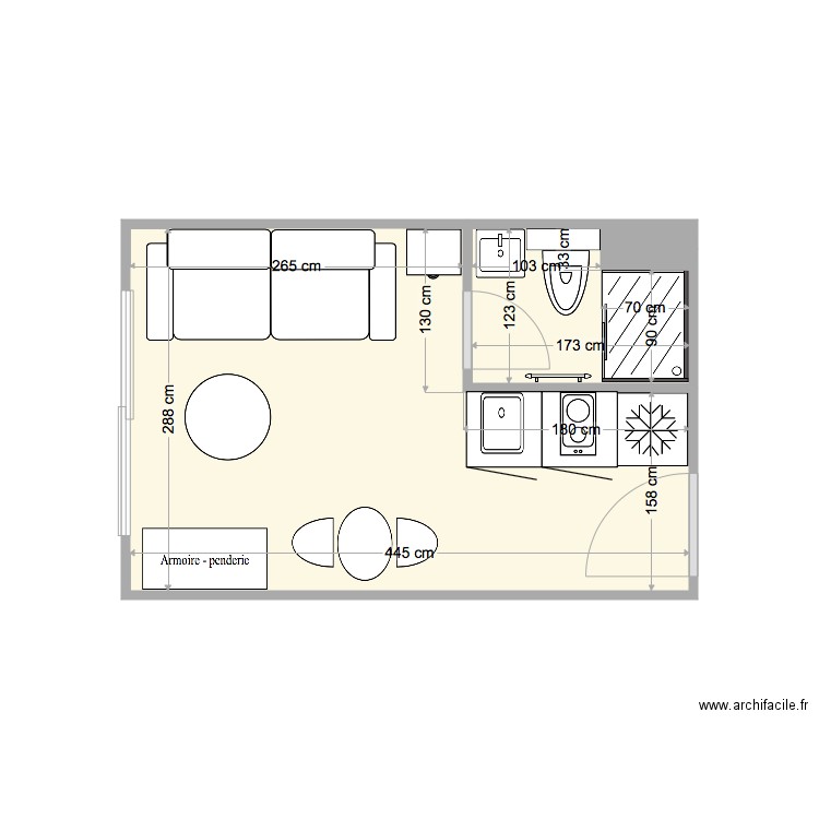 Plan Romain Studio. Plan de 2 pièces et 12 m2