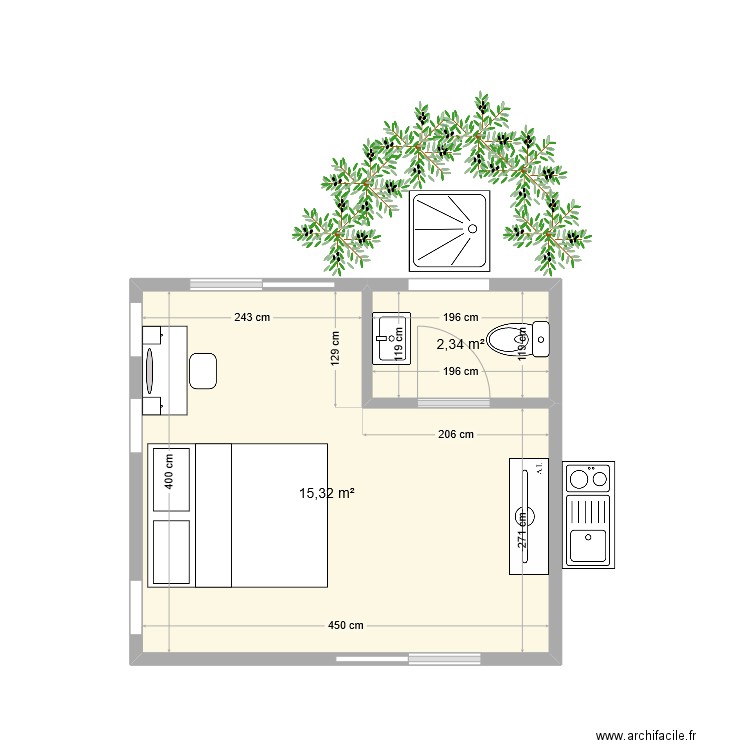 Bungalow Toahotu. Plan de 2 pièces et 18 m2