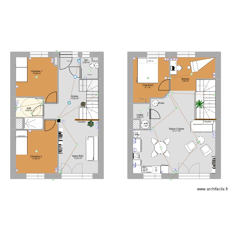 Duplex_v5. Plan de 15 pièces et 110 m2