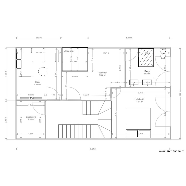 Planta 1 completa Modificada V4. Plan de 6 pièces et 52 m2