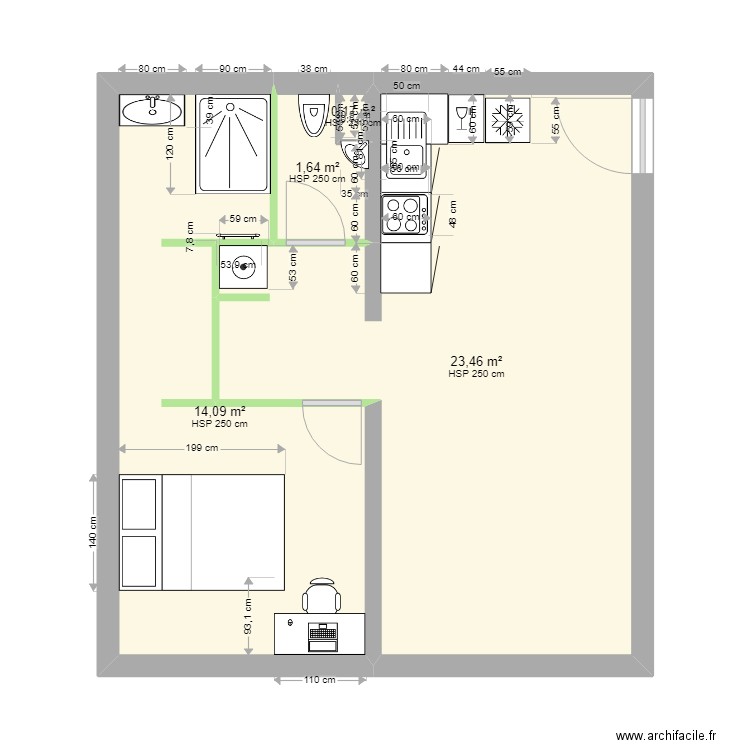 BOURGEOIS NON CÔTES. Plan de 4 pièces et 39 m2