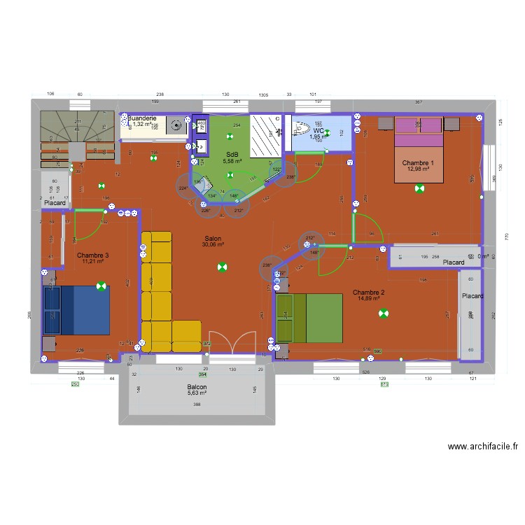 Etage (2) couleur. Plan de 14 pièces et 88 m2