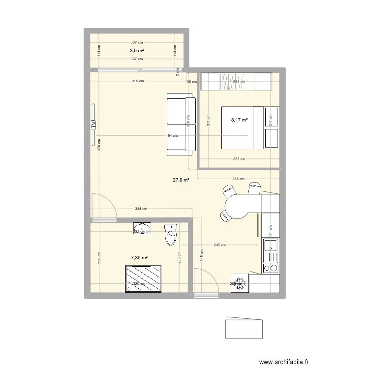 T1 invest. Plan de 4 pièces et 47 m2