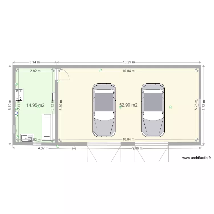 garage 2 voiture avec cuisine. Plan de 