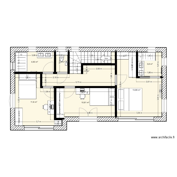 Cabris 1er étage. Plan de 7 pièces et 57 m2