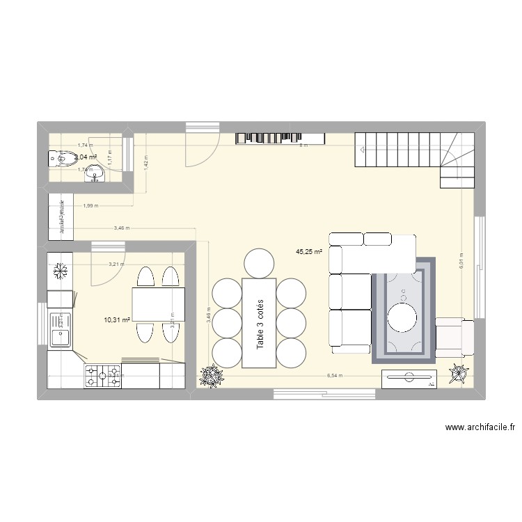 rdc maison positive. Plan de 3 pièces et 58 m2