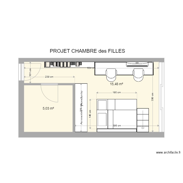 chambre filles. Plan de 2 pièces et 21 m2