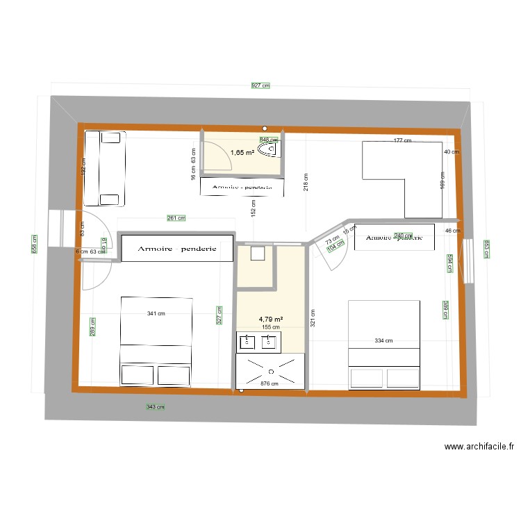 murs et ouvertures bonnes dimensions. Plan de 2 pièces et 6 m2