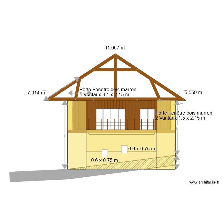 facade sud projetée. Plan de 10 pièces et 67 m2