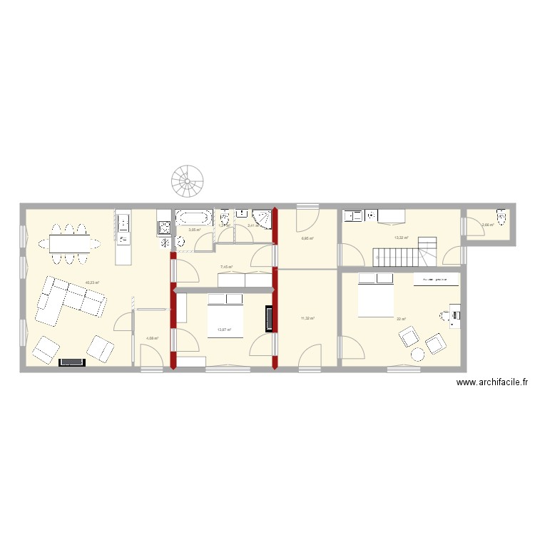 rdc initial Bmesures grand salon porte gauche. Plan de 12 pièces et 129 m2