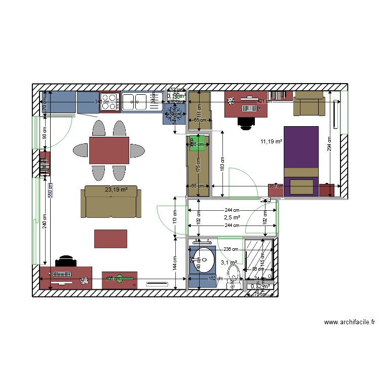 T1 Bis. Plan de 6 pièces et 40 m2