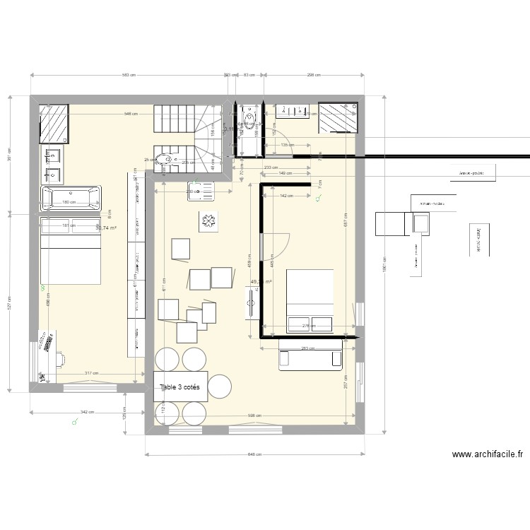 R moins 1 chambre 30m2 et appt 50 m2. Plan de 3 pièces et 80 m2