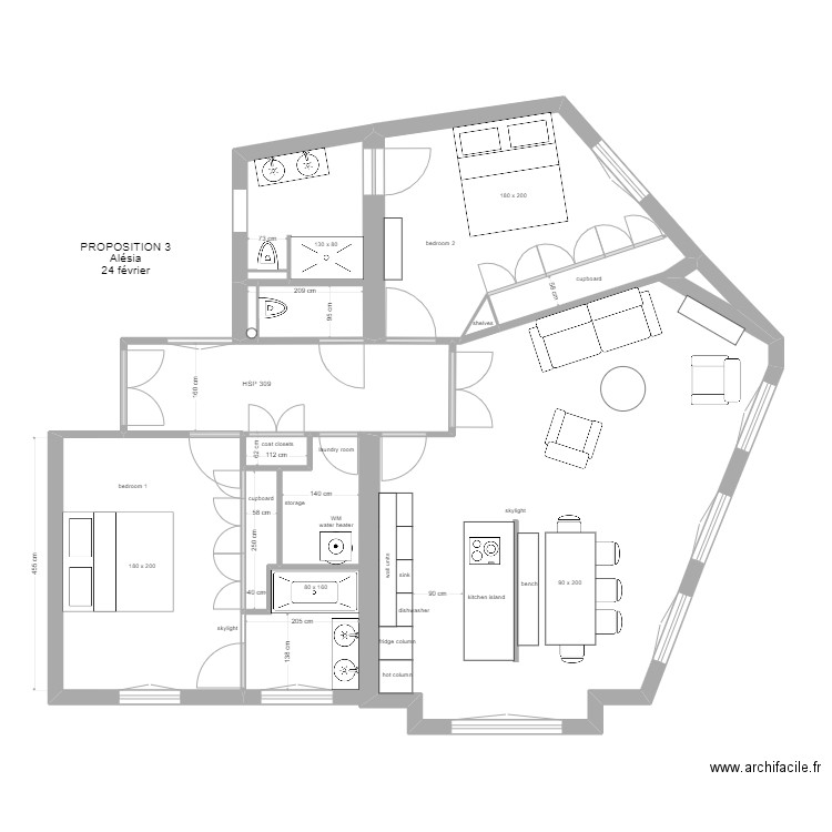 PROPOSITION CUISINE OUVERTE. Plan de 8 pièces et 79 m2