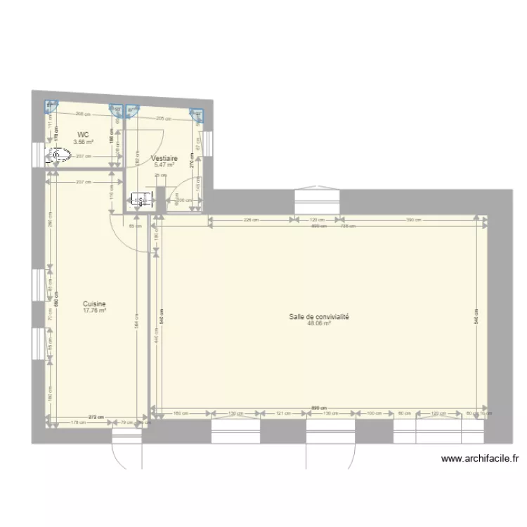 Salle de Convivialit&eacute; Rivi&egrave;res Le Bois Existant. Plan de 