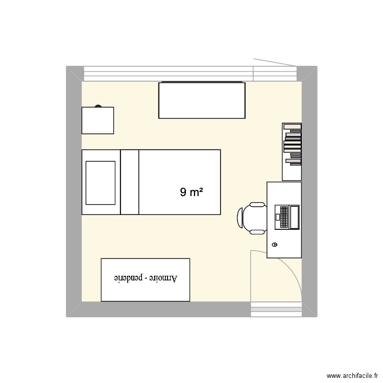 Chambre F. Plan de 1 pièce et 9 m2