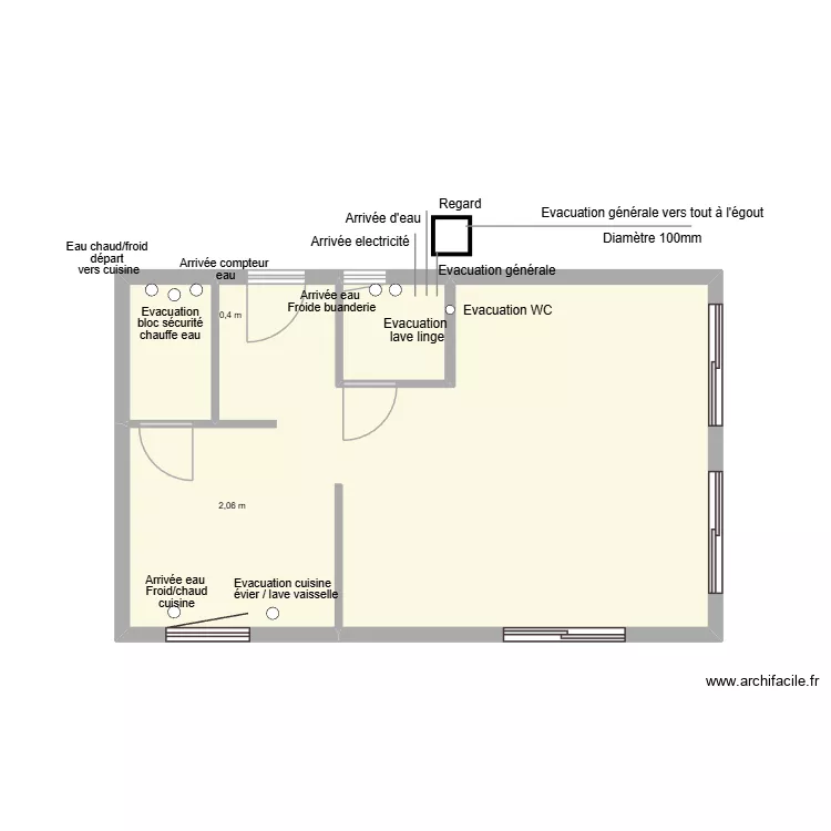 Dalle raccordements. Plan de 3 pièces et 52 m²