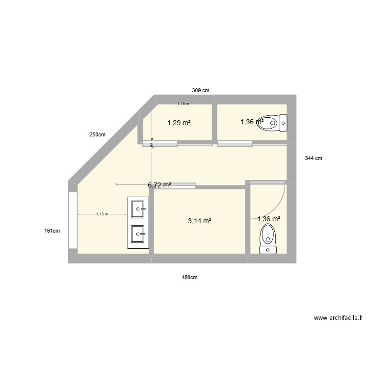 WC DU BAS VF. Plan de 5 pièces et 14 m2