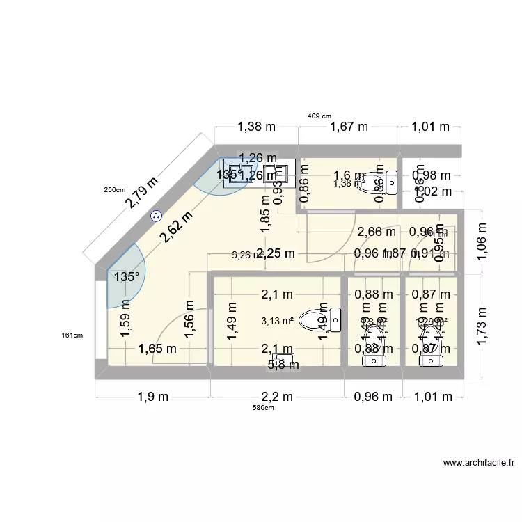 WC DU BAS VF. Plan de 5 pièces et 16 m²