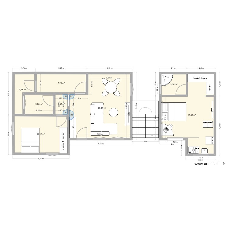 plan chambre americaine. Plan de 8 pièces et 66 m2