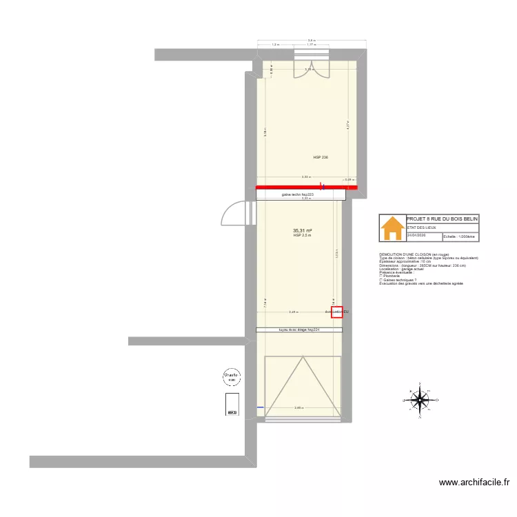 etat des lieux garage 2. Plan de 1  et 35 m²