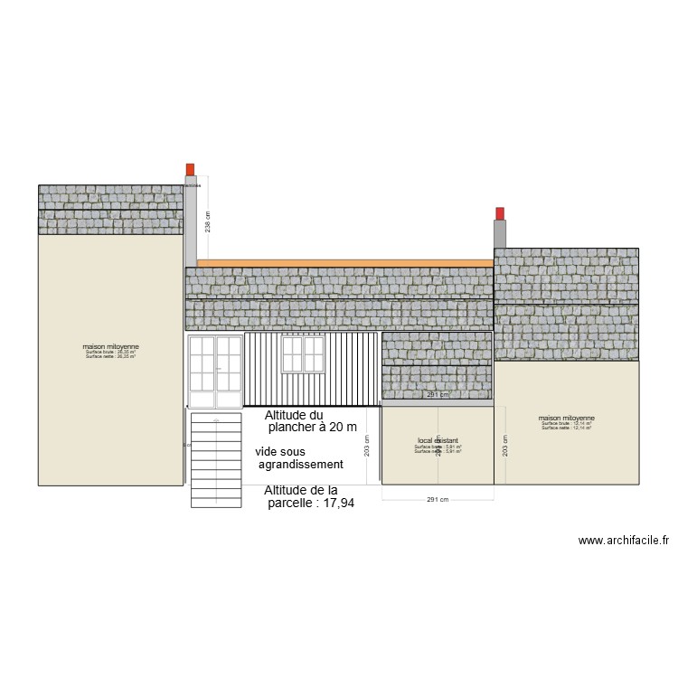 facade nord avec extension surélevée. Plan de 0 pièce et 0 m2