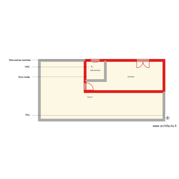 MONTAGUT sous sol étape 1. Plan de 3 pièces et 83 m2
