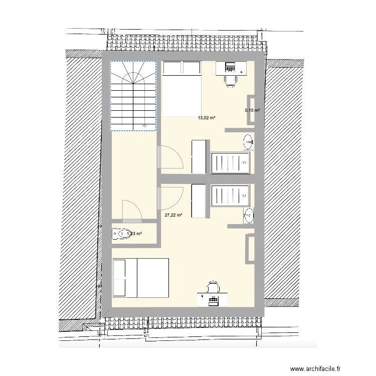 St Gilles chee woo - Combles 4ieme option 2 sdb centrées. Plan de 4 pièces et 42 m2