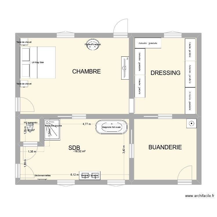 pierrot aménagé 2. Plan de 3 pièces et 36 m2