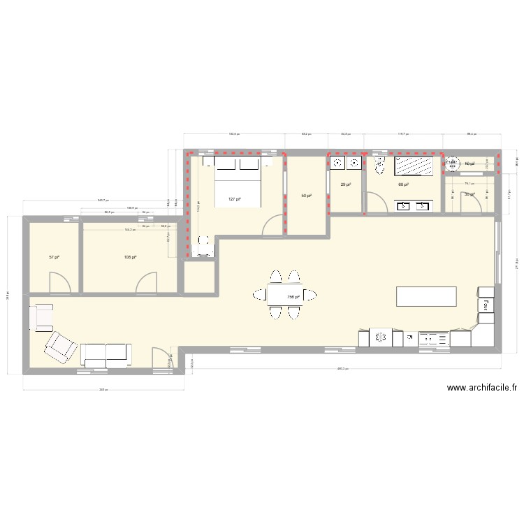 25x40. Plan de 9 pièces et 115 m2