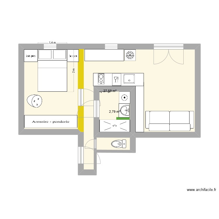 Beauséjour PM. Plan de 2 pièces et 30 m2