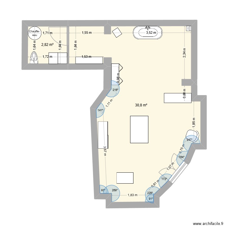 Salon. Plan de 2 pièces et 34 m2